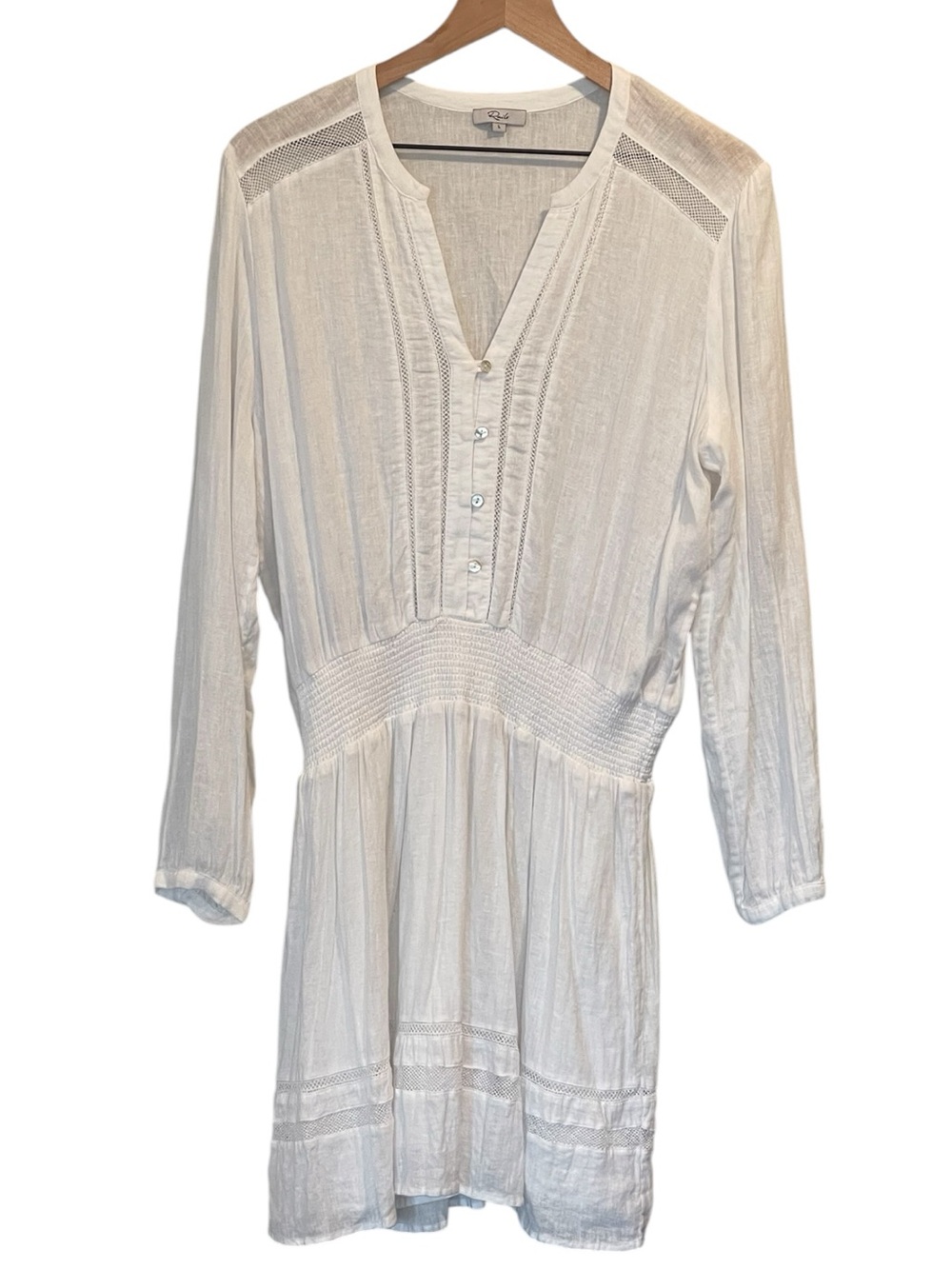 Rails Jasmine White Long-Sleeve Mini Dress, Lace Inset, Linen Blend, Size L - Picture 2 of 16